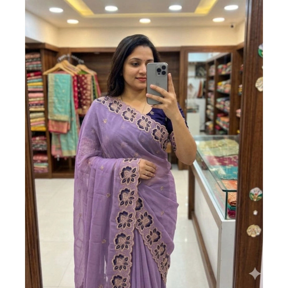Women's Star Georgette Embroidered Saree — Purple · 2638