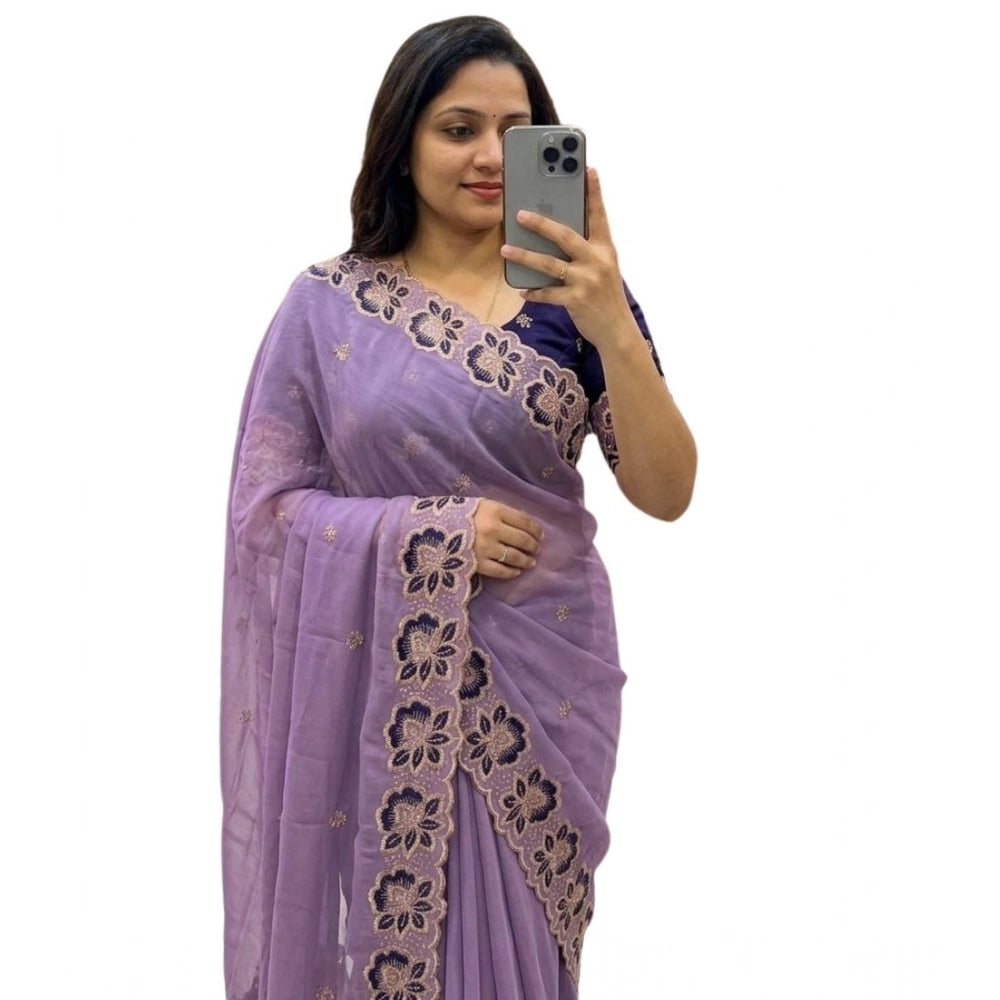 Women's Star Georgette Embroidered Saree — Purple · 2638