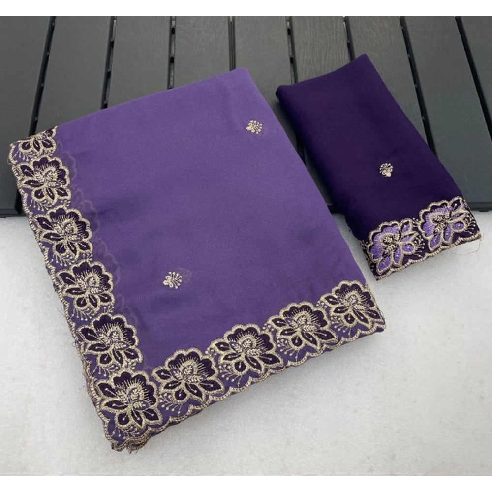 Women's Star Georgette Embroidered Saree — Purple · 2638