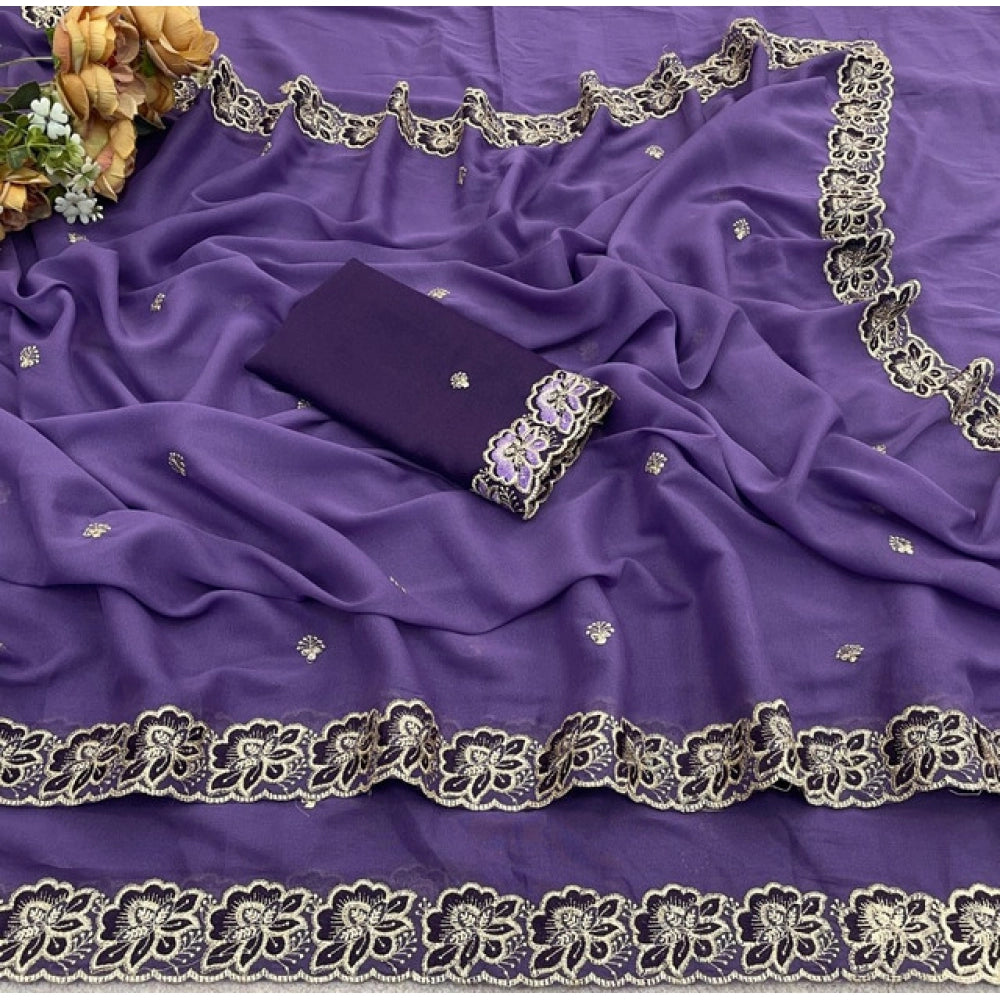 Women's Star Georgette Embroidered Saree — Purple · 2638