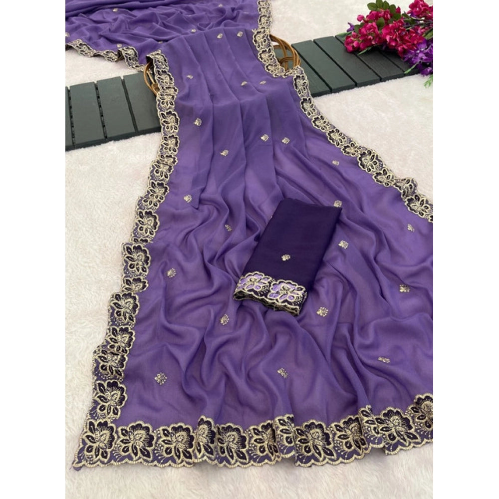 Women's Star Georgette Embroidered Saree — Purple · 2638