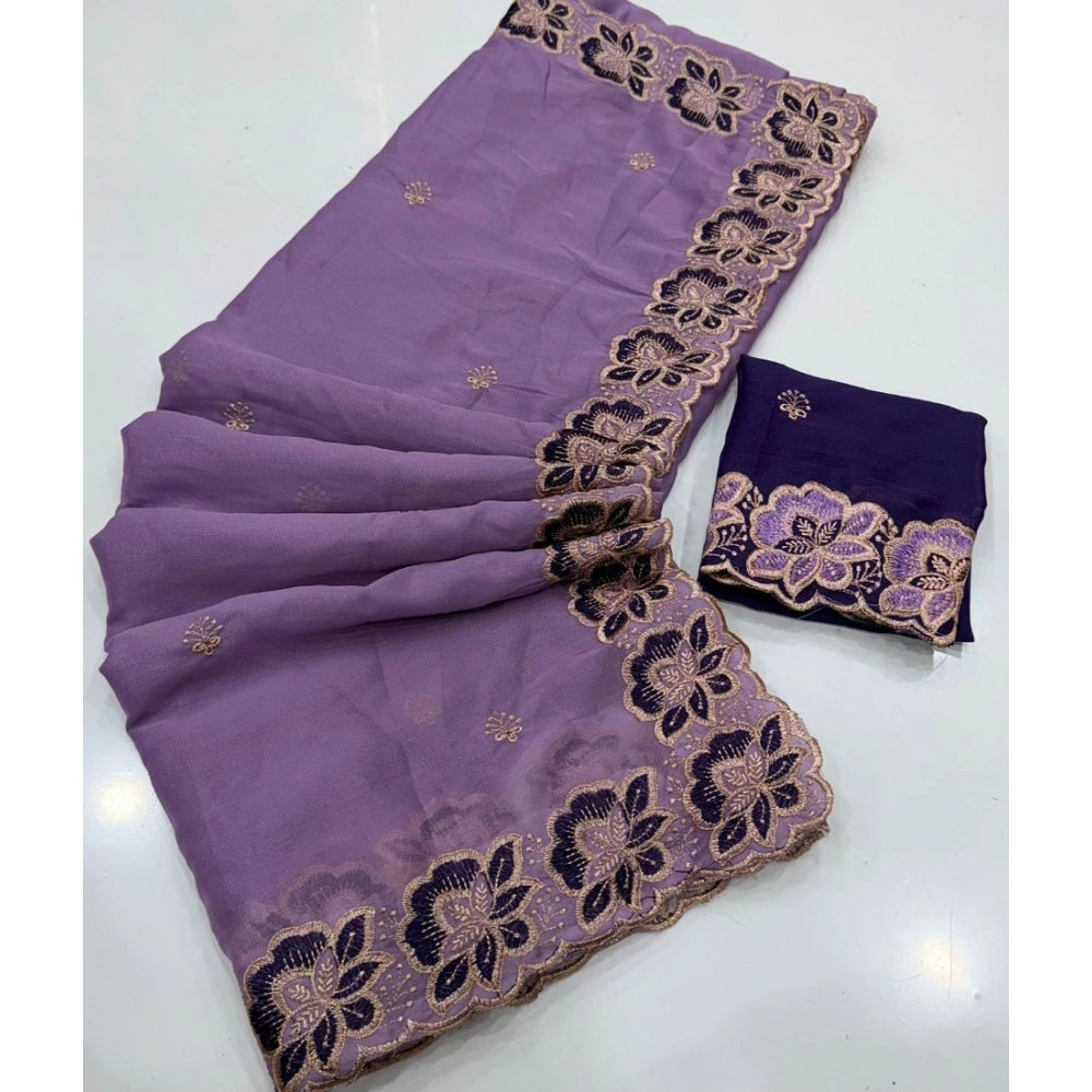 Women's Star Georgette Embroidered Saree — Purple · 2638
