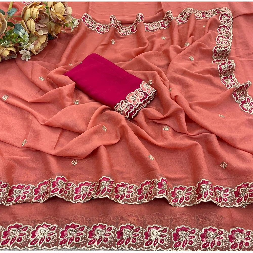 Women's Star Georgette Embroidered Saree — Orange · 2639