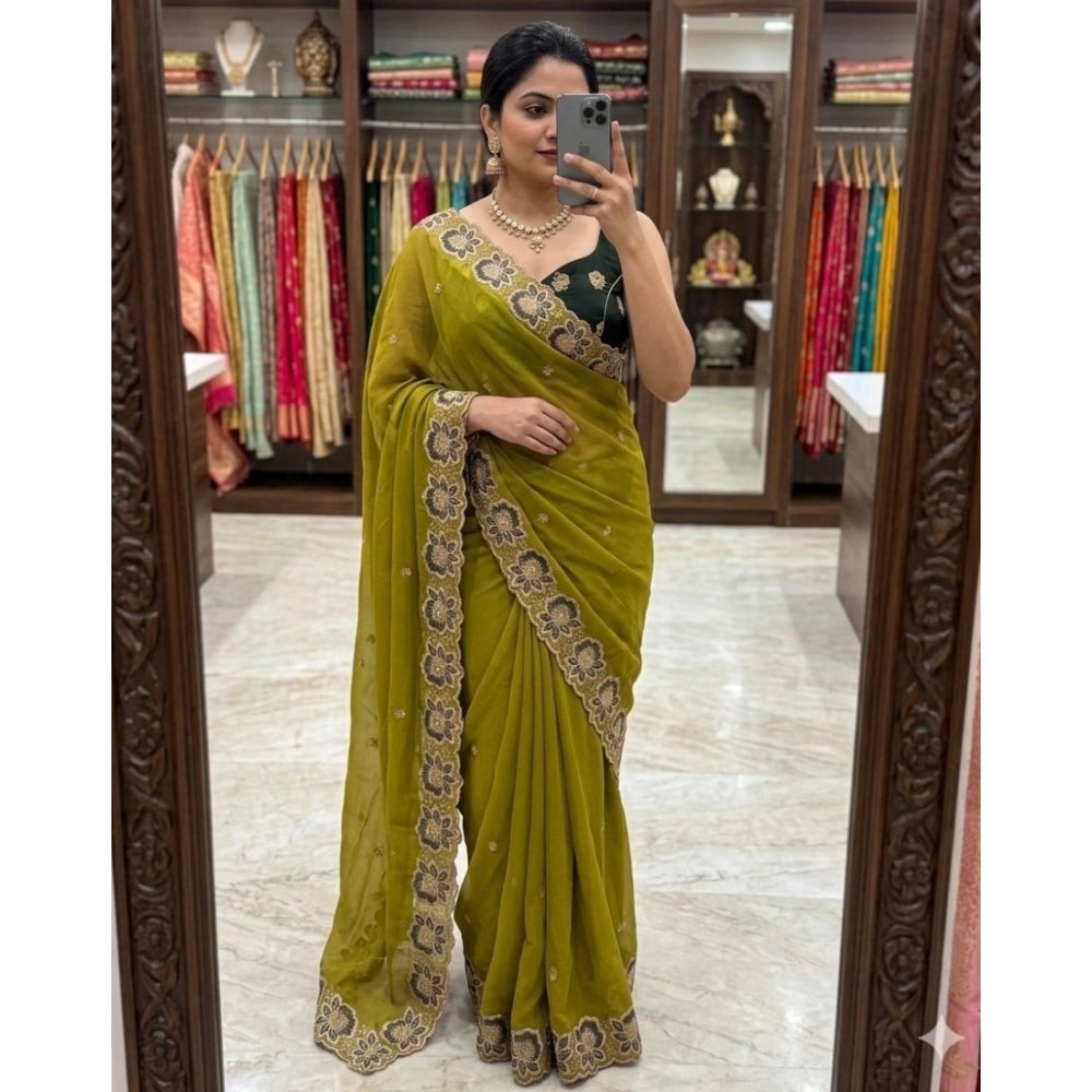 Women's Star Georgette Embroidered Saree — Olive Green