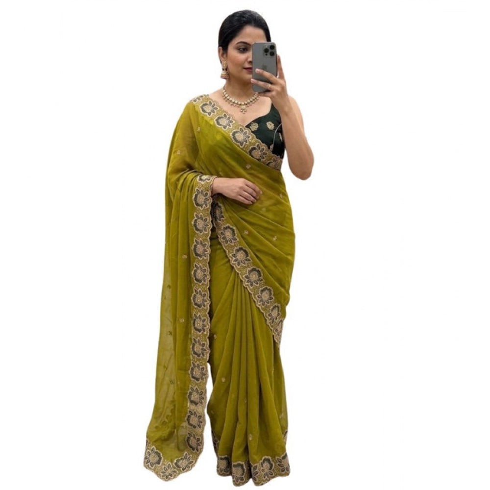 Women's Star Georgette Embroidered Saree — Olive Green