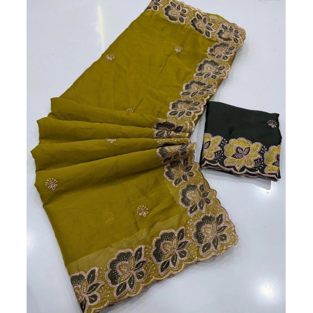 Women's Star Georgette Embroidered Saree — Olive Green