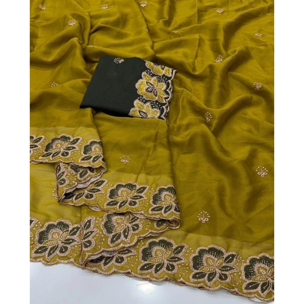 Women's Star Georgette Embroidered Saree — Olive Green