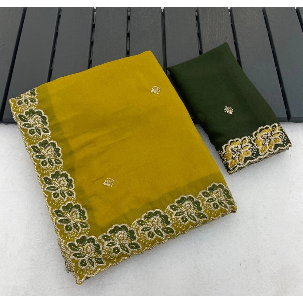 Women's Star Georgette Embroidered Saree — Olive Green