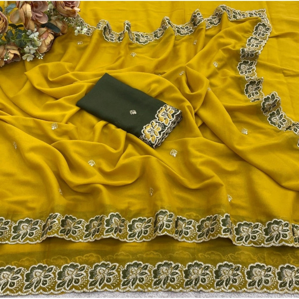 Women's Star Georgette Embroidered Saree — Olive Green
