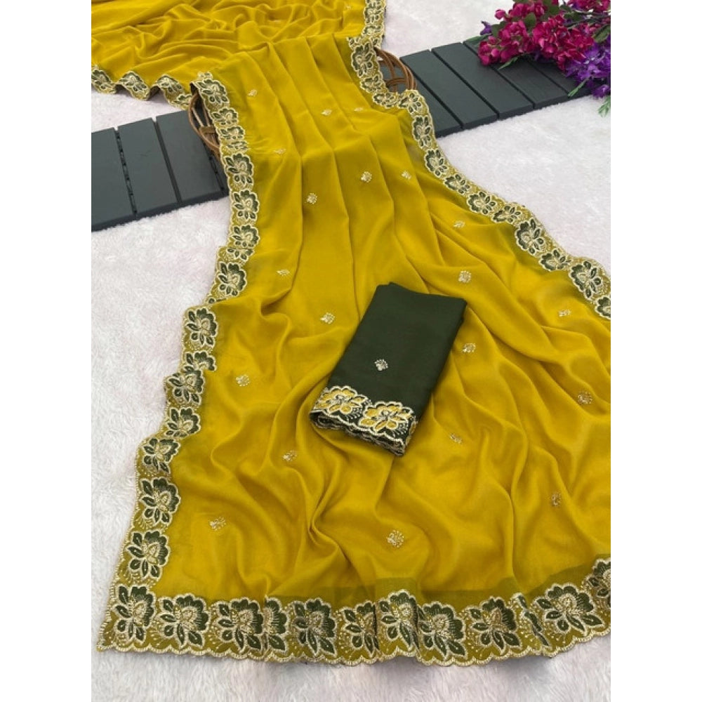 Women's Star Georgette Embroidered Saree — Olive Green
