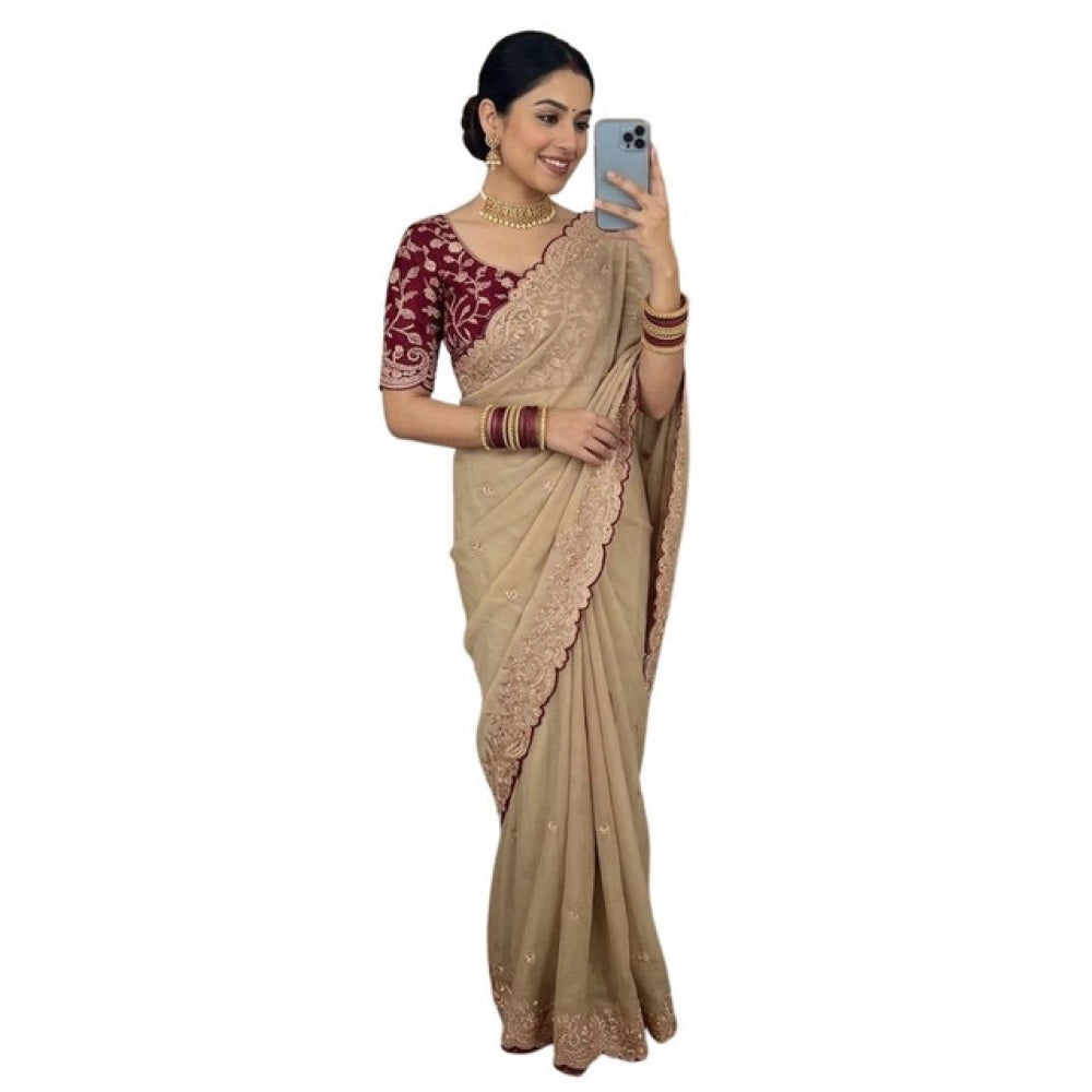Women's Star Georgette Embroidered Saree — Beige · 2642