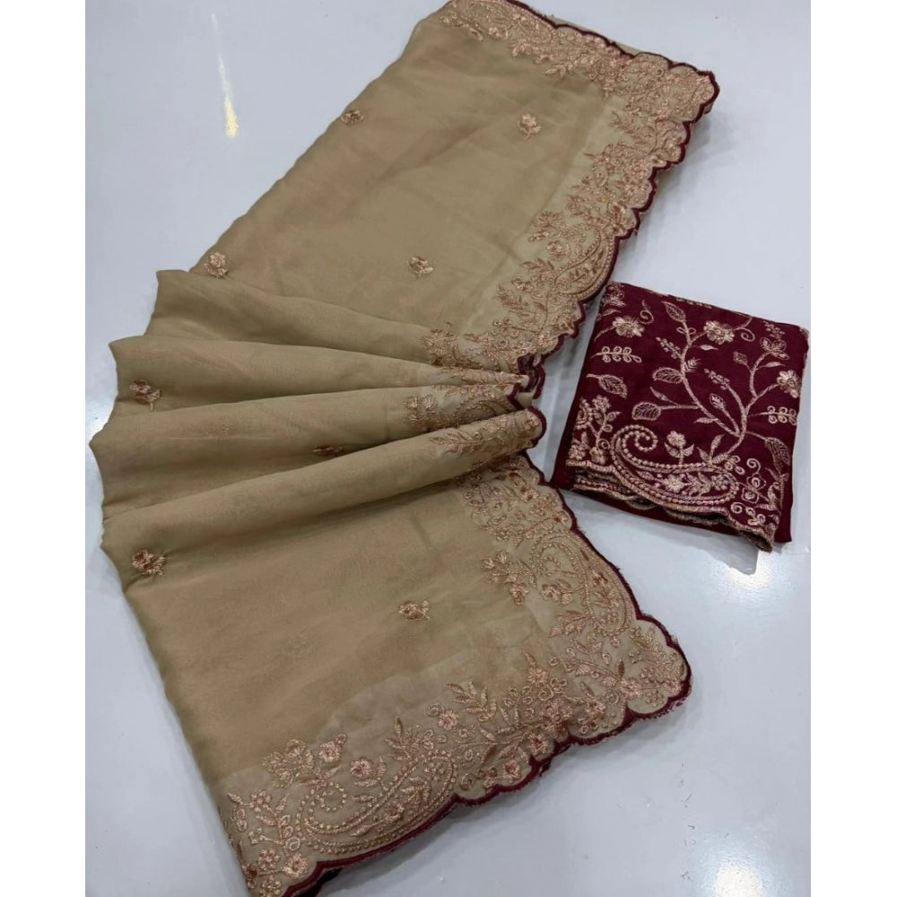 Women's Star Georgette Embroidered Saree — Beige · 2642