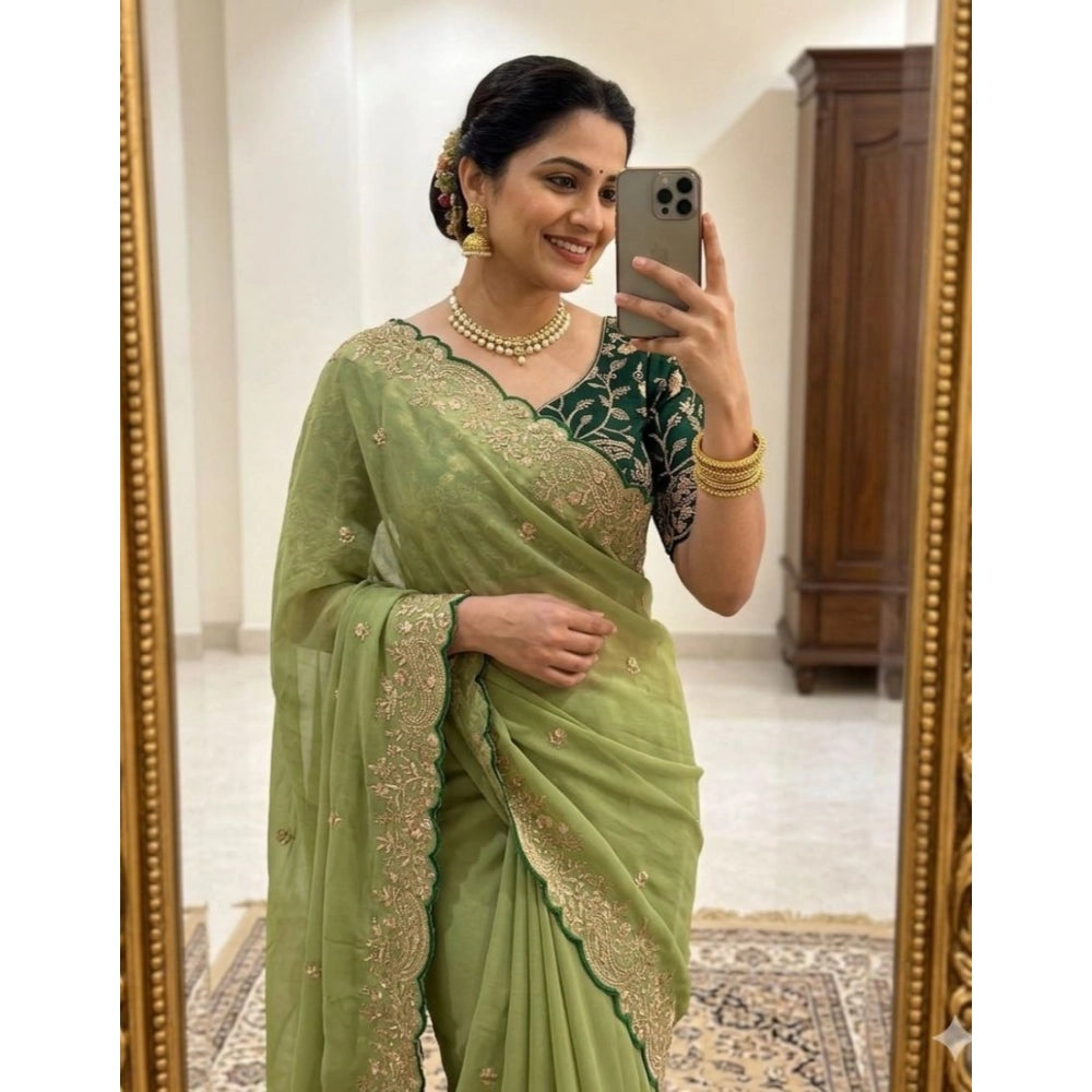 Women's Star Georgette Embroidered Saree — Green · 2643