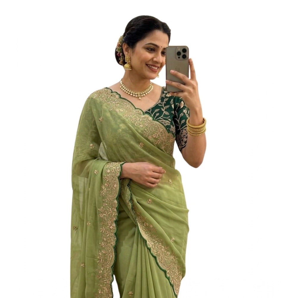 Women's Star Georgette Embroidered Saree — Green · 2643