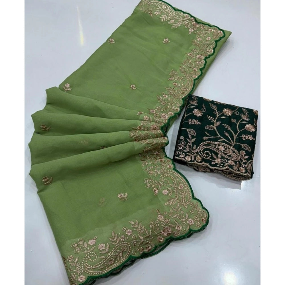 Women's Star Georgette Embroidered Saree — Green · 2643