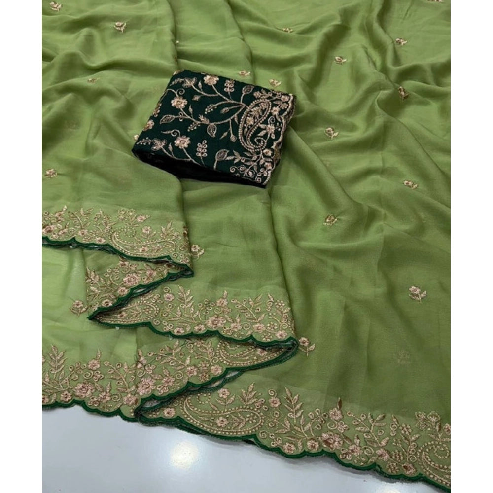 Women's Star Georgette Embroidered Saree — Green · 2643