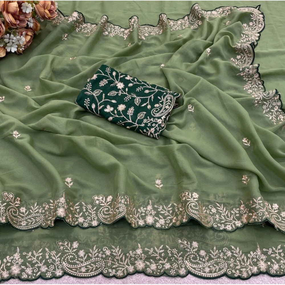 Women's Star Georgette Embroidered Saree — Green · 2643