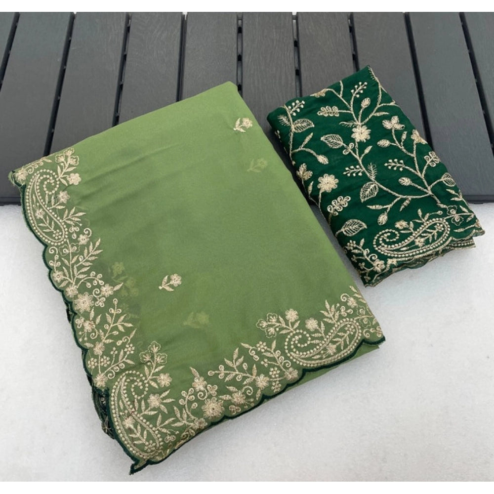 Women's Star Georgette Embroidered Saree — Green · 2643