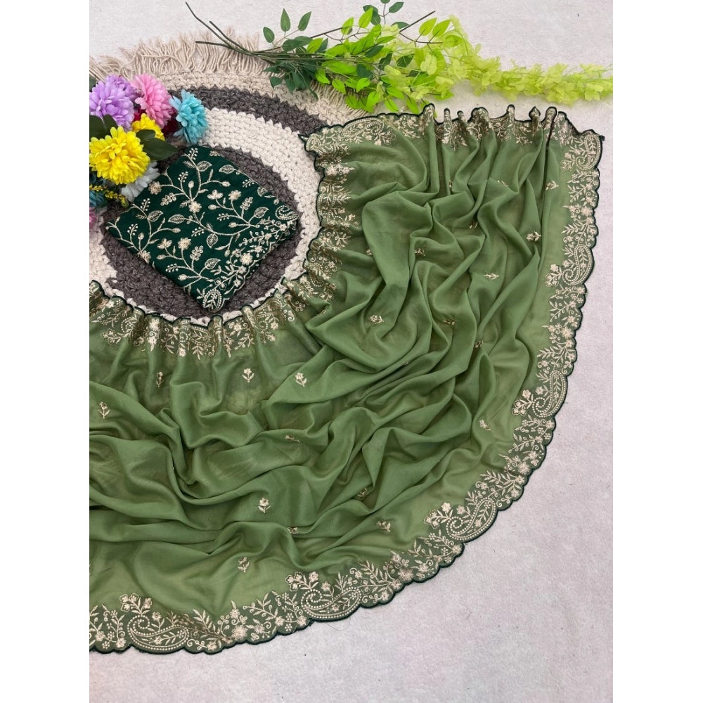 Women's Star Georgette Embroidered Saree — Green · 2643