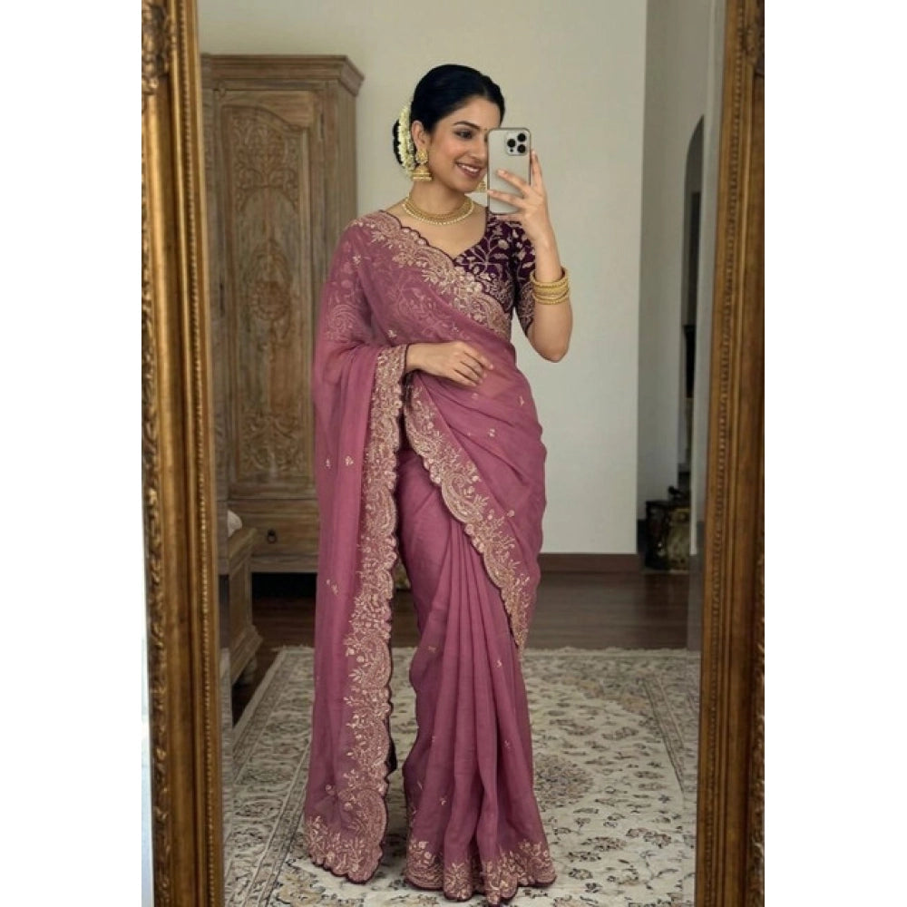 Women's Star Georgette Embroidered Saree — Pink · 2644