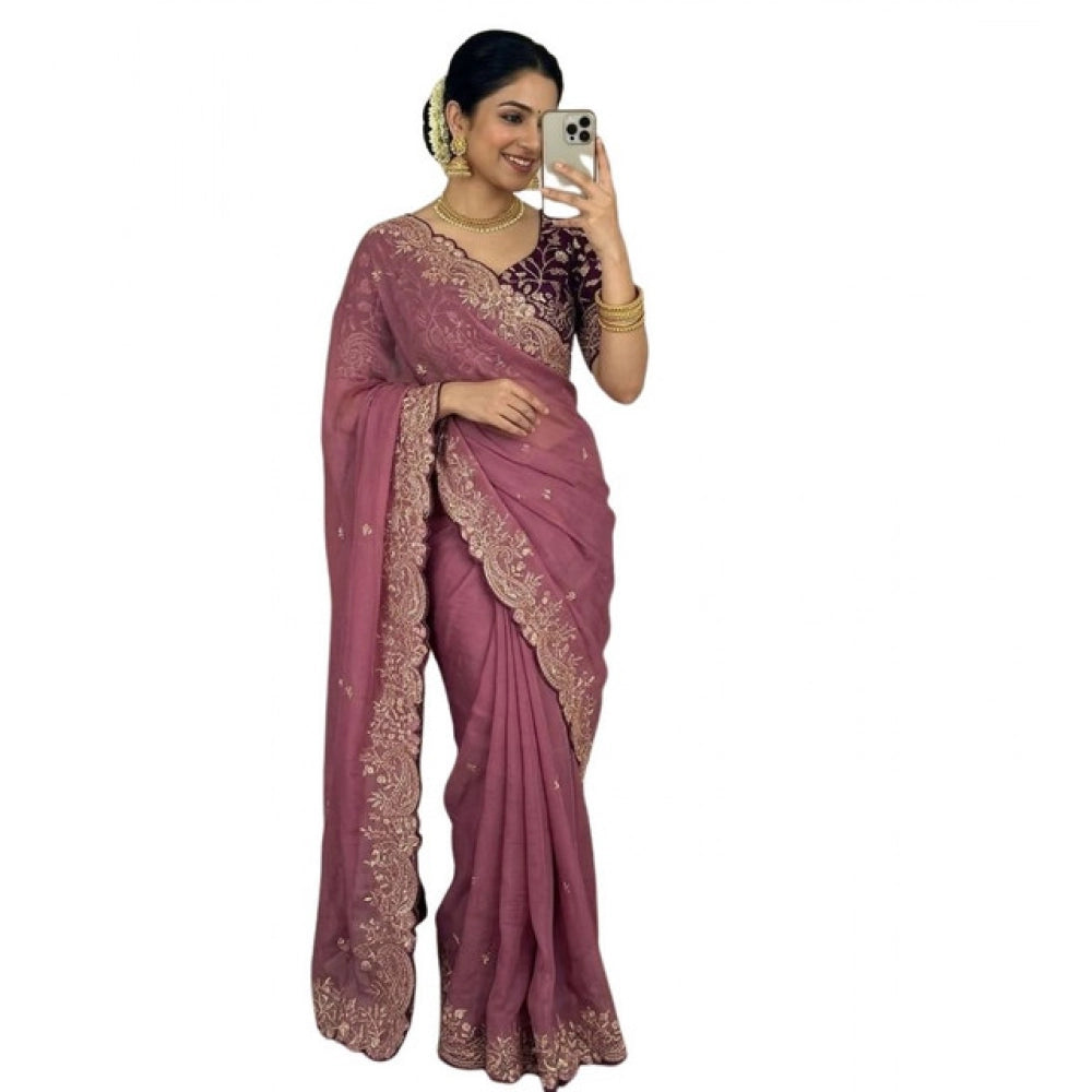 Women's Star Georgette Embroidered Saree — Pink · 2644