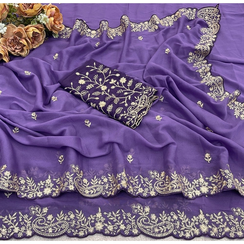 Women's Star Georgette Embroidered Saree — Purple · 2645