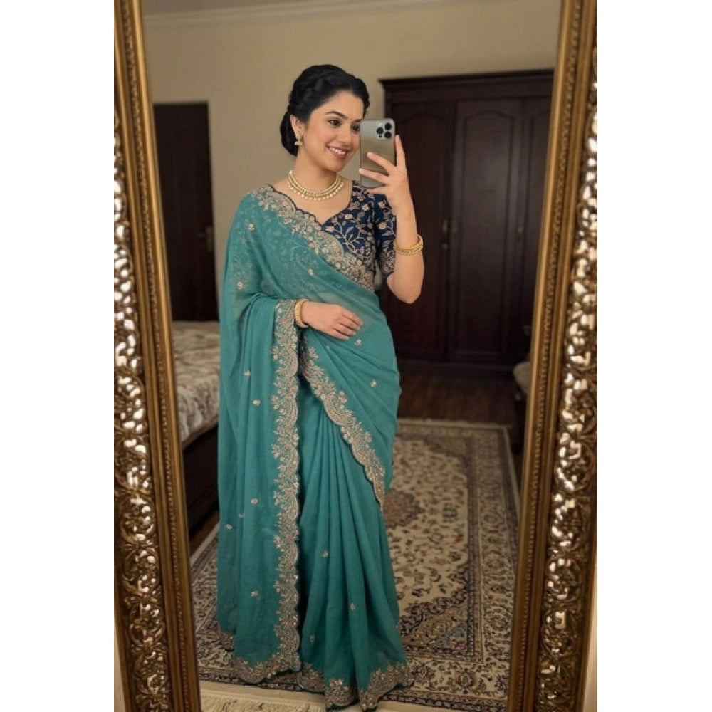 Women's Star Georgette Embroidered Saree — Sea Green · 2646