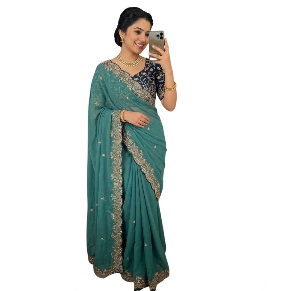 Women's Star Georgette Embroidered Saree — Sea Green · 2646