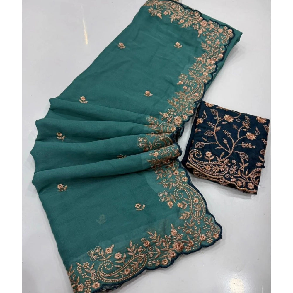 Women's Star Georgette Embroidered Saree — Sea Green · 2646