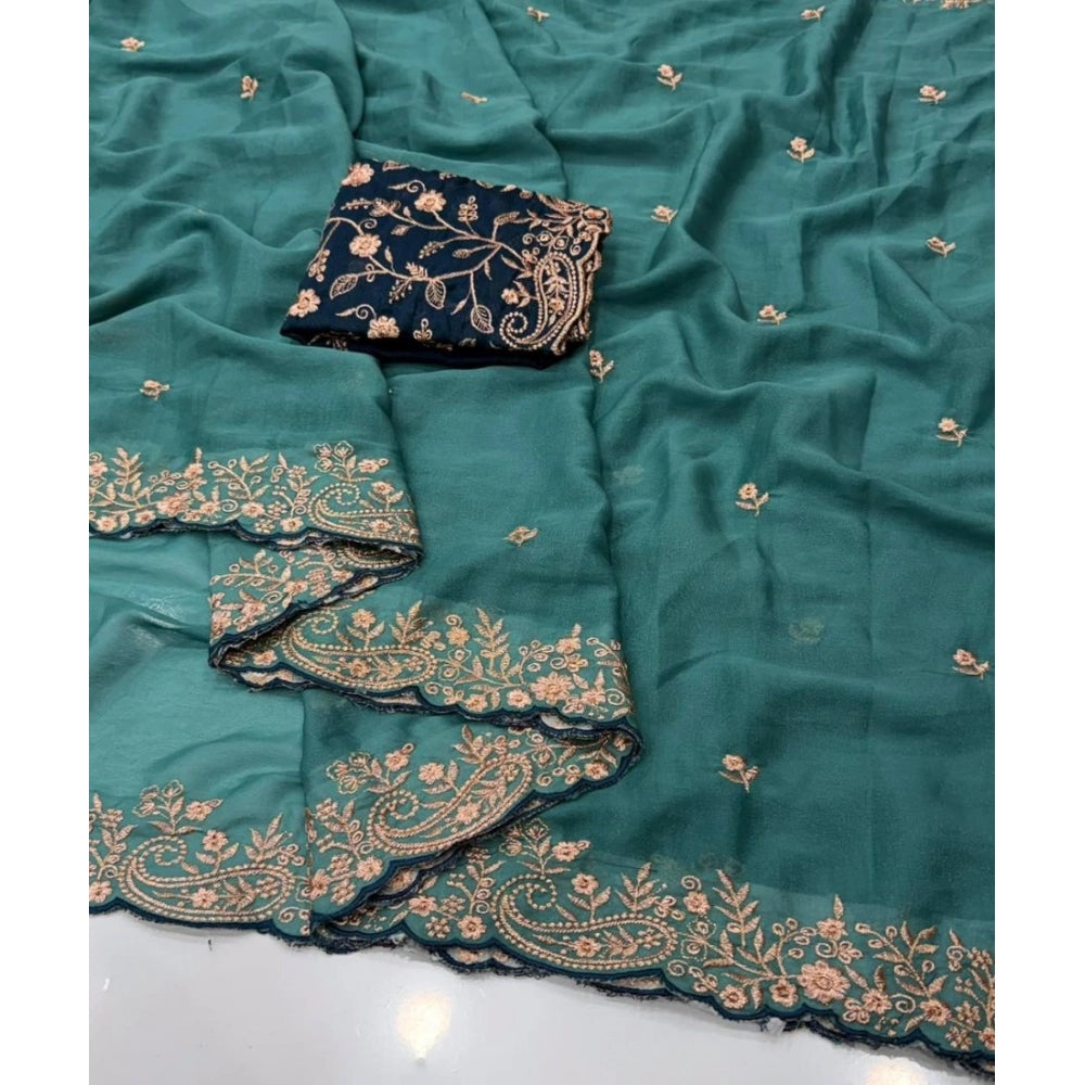 Women's Star Georgette Embroidered Saree — Sea Green · 2646