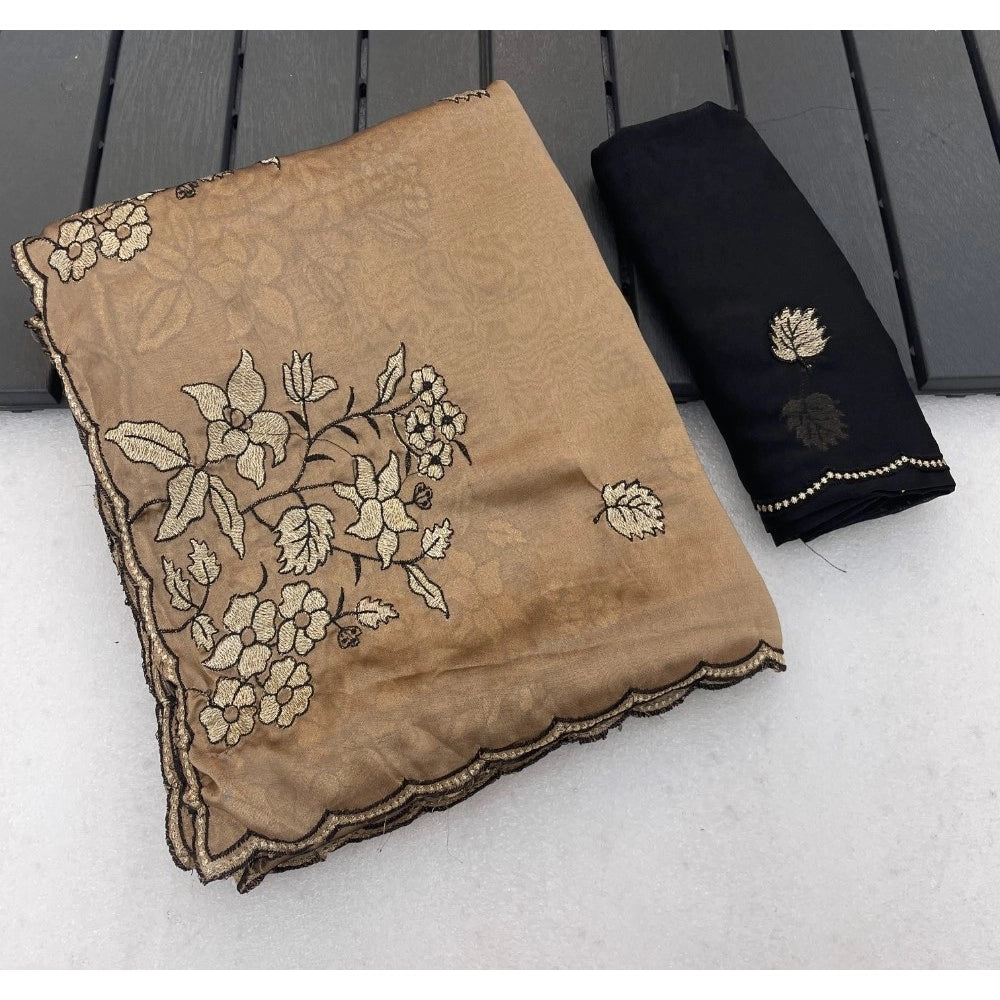 Women's Viscose Silk Embroidered Saree — Gold