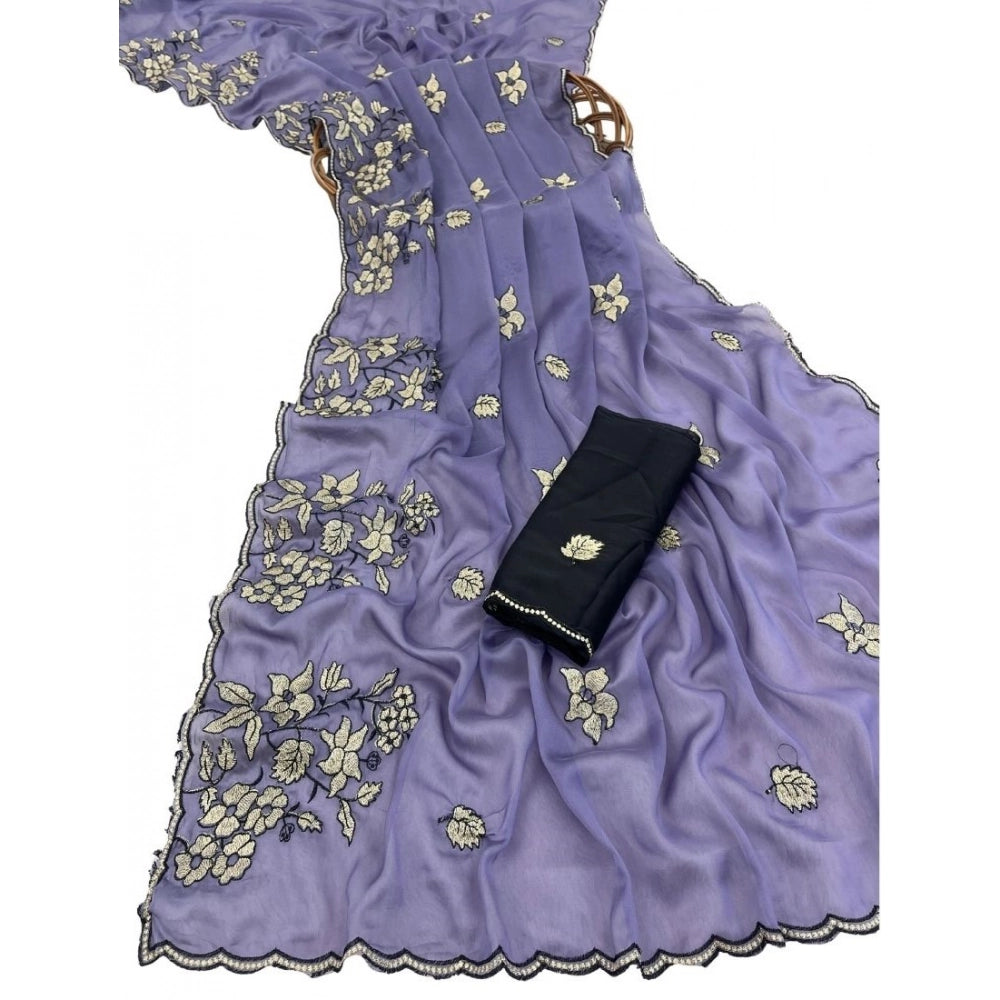 Women's Viscose Silk Embroidered Saree — Purple