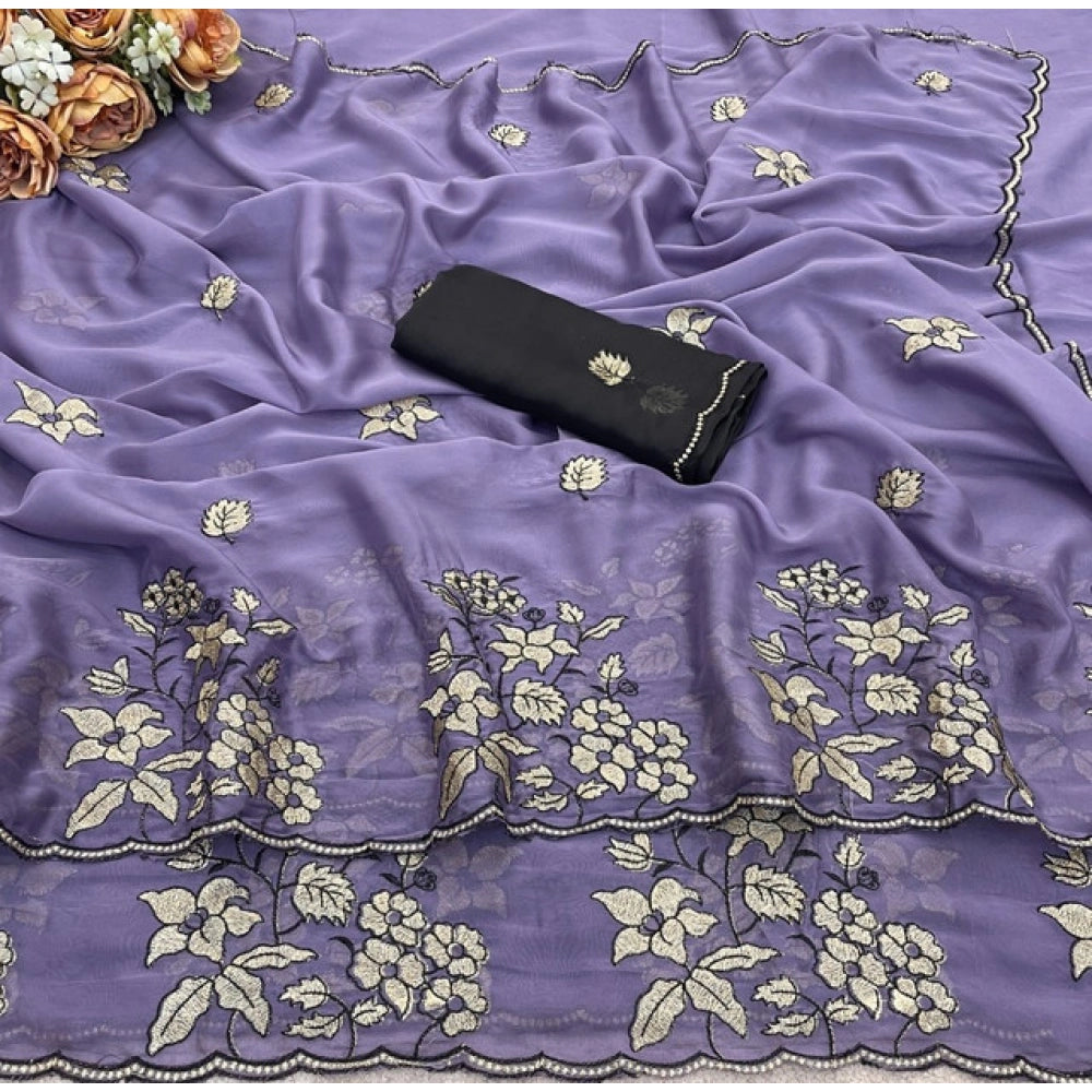 Women's Viscose Silk Embroidered Saree — Purple