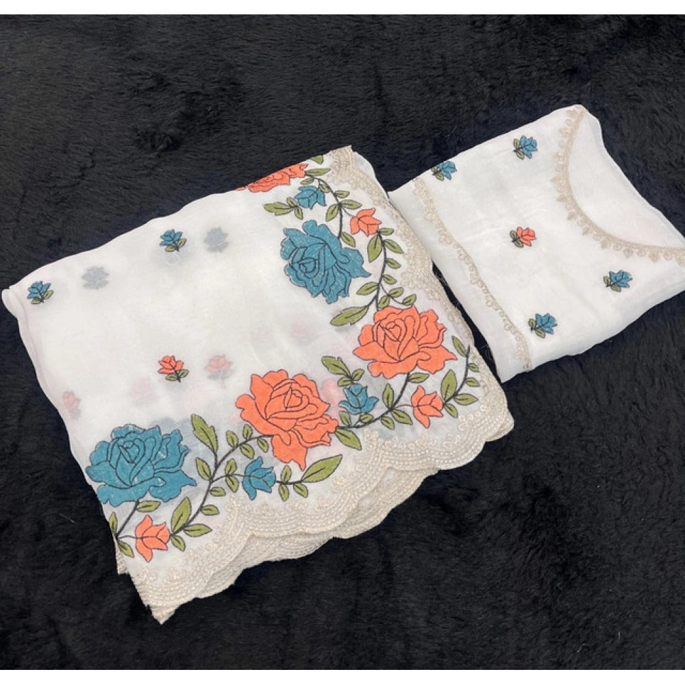 Women's Chiffon Embroidered Saree — White