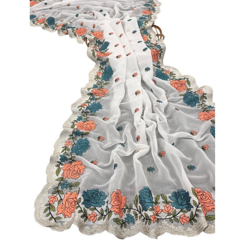 Women's Chiffon Embroidered Saree — White