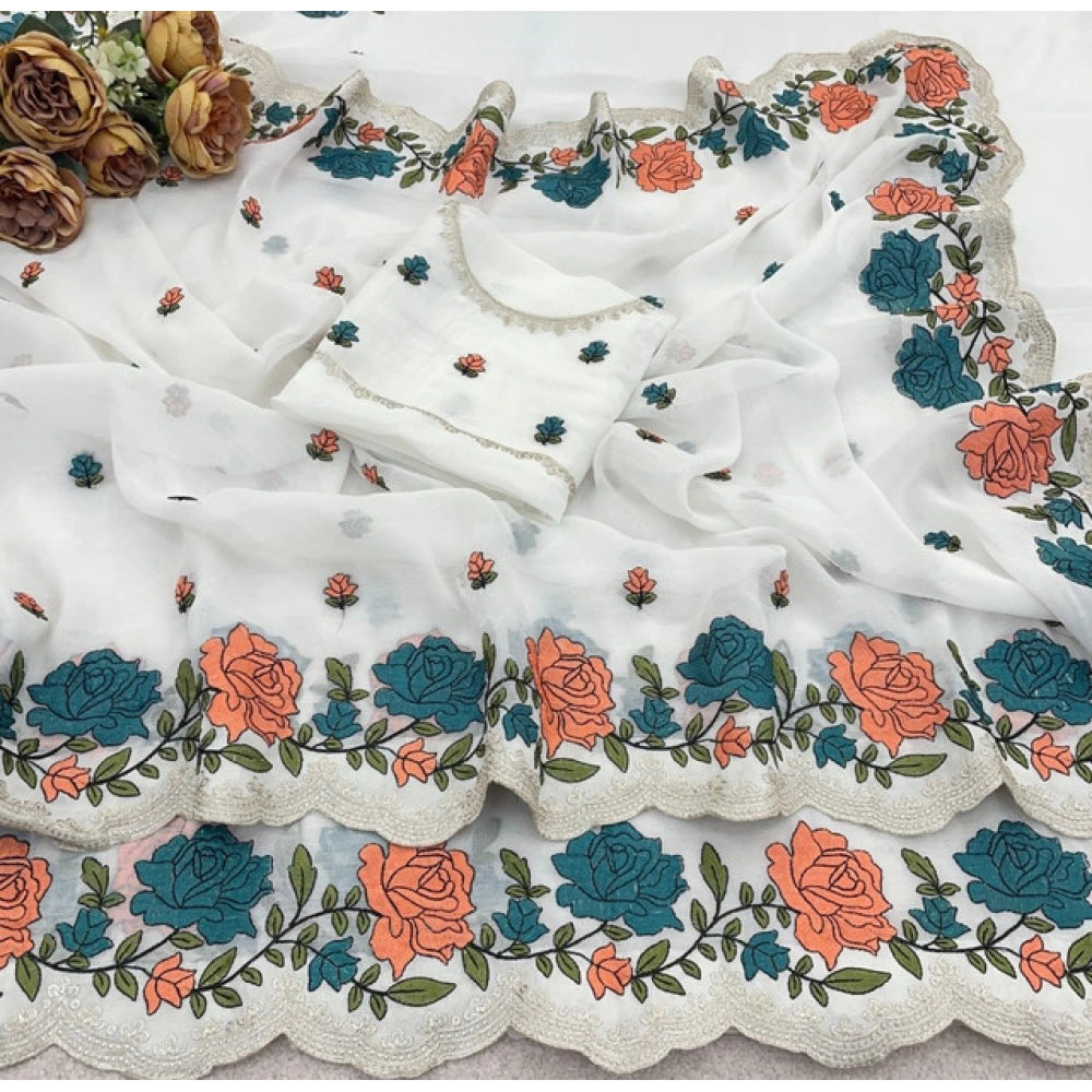 Women's Chiffon Embroidered Saree — White