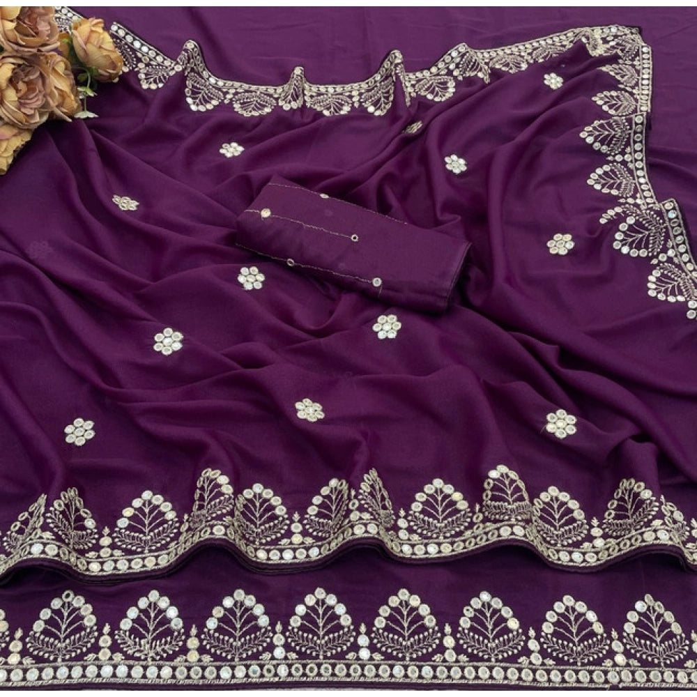 Women's Georgette Embellished Saree — Purple
