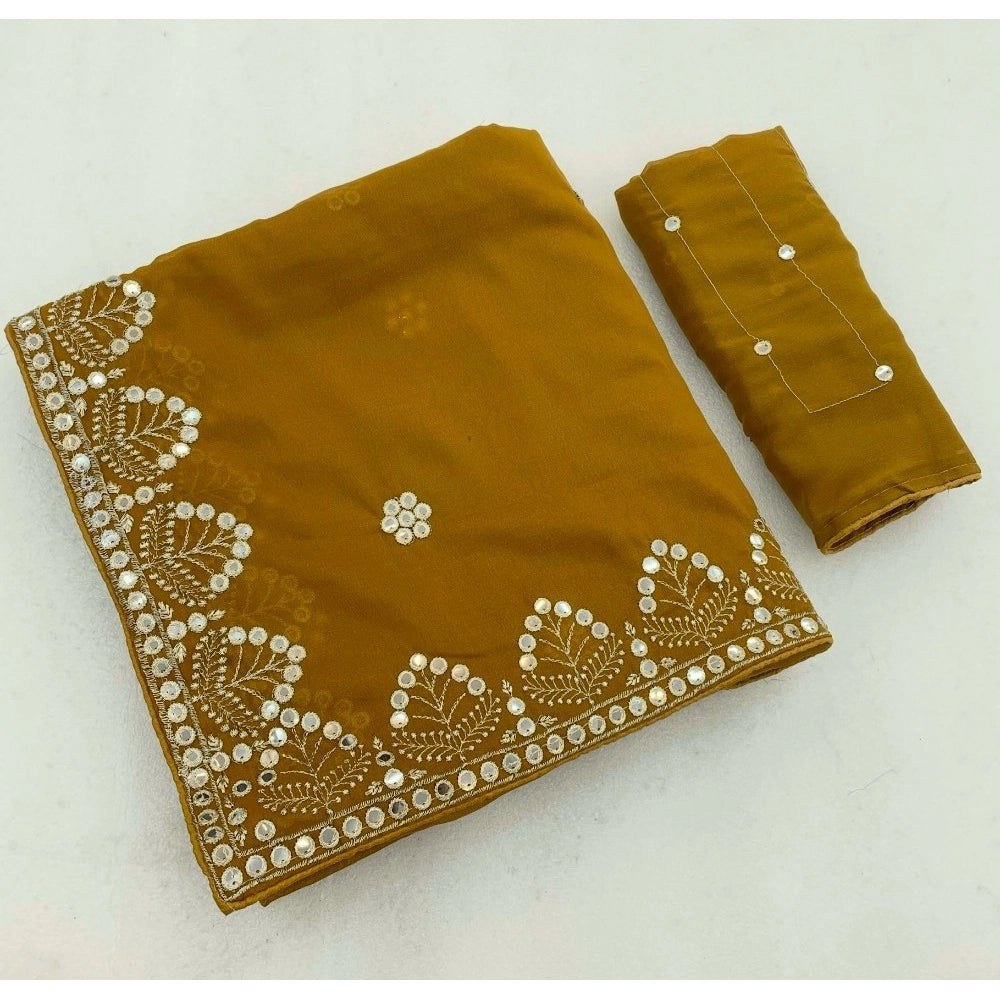Women's Georgette Embellished Saree — Mustard-Yellow
