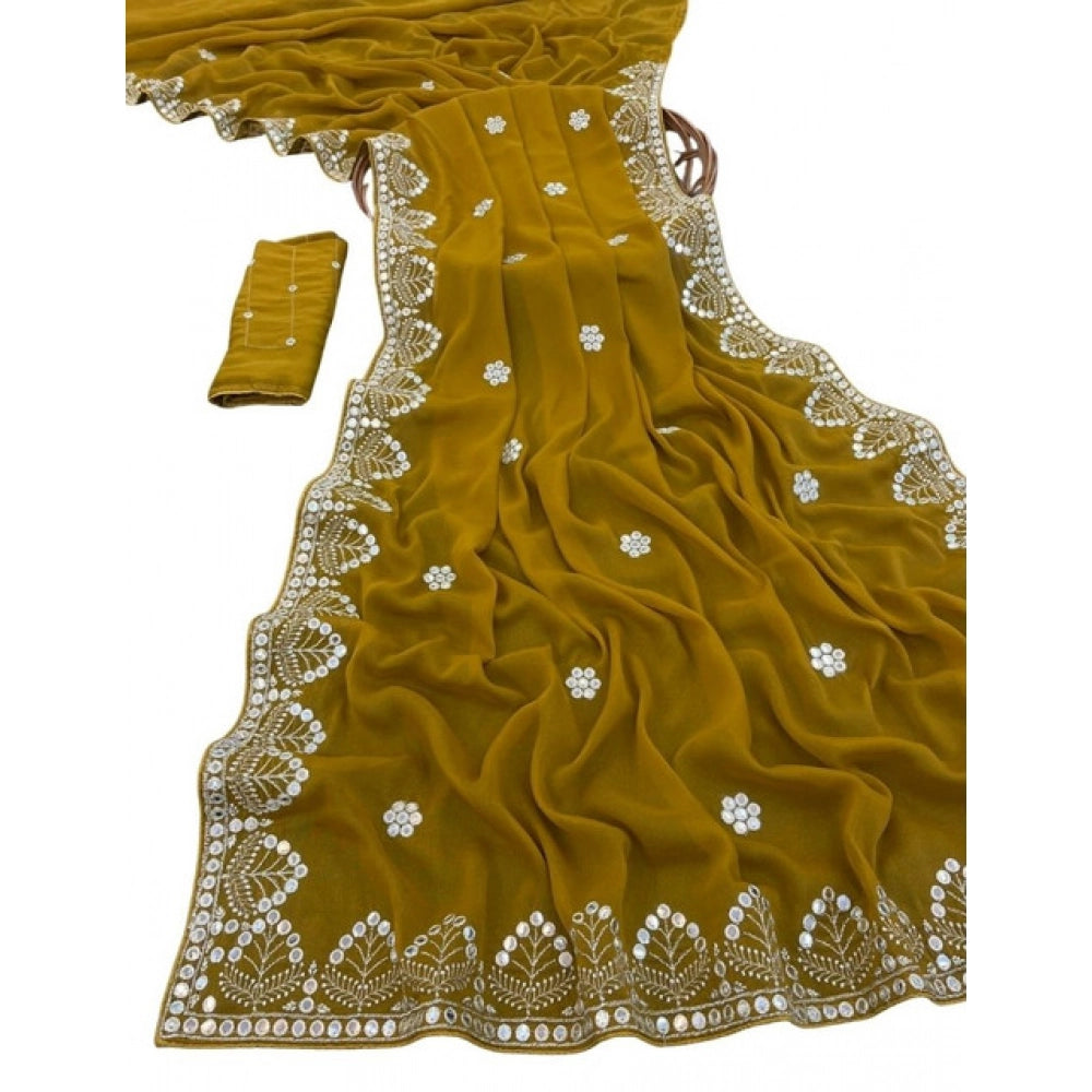 Women's Georgette Embellished Saree — Mustard-Yellow