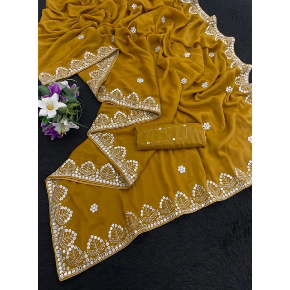 Women's Georgette Embellished Saree — Mustard-Yellow