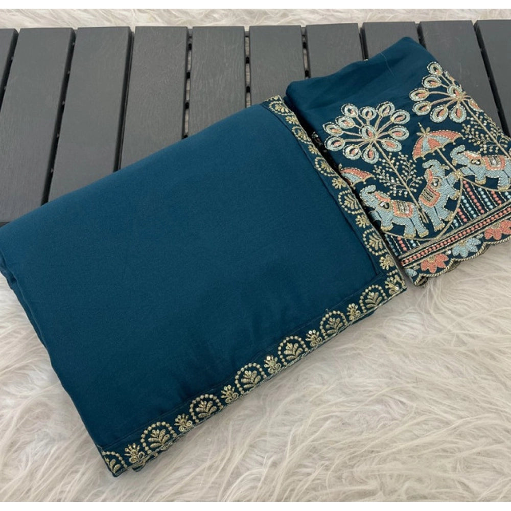 Women's Art Silk Embroidered Saree — Blue