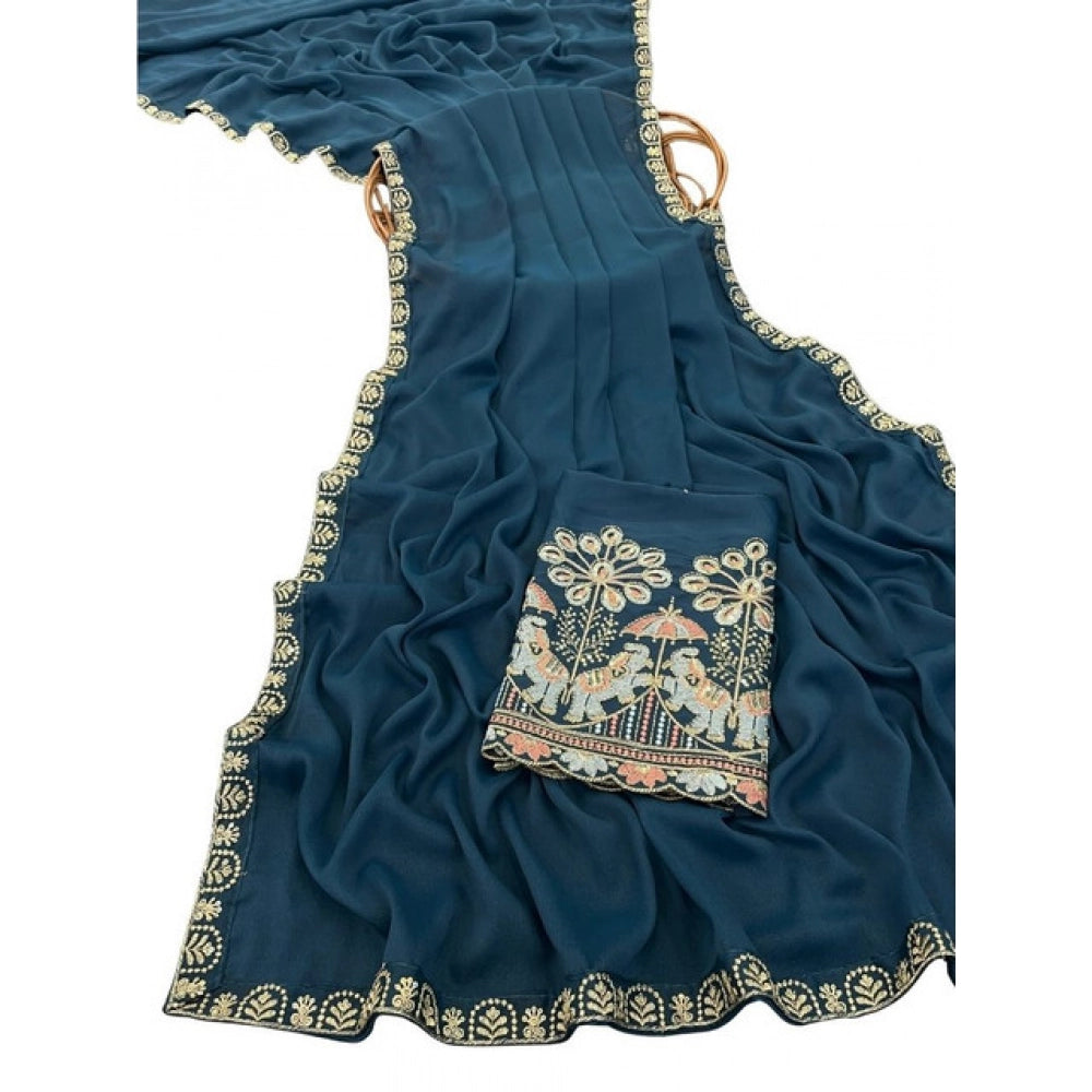 Women's Art Silk Embroidered Saree — Blue