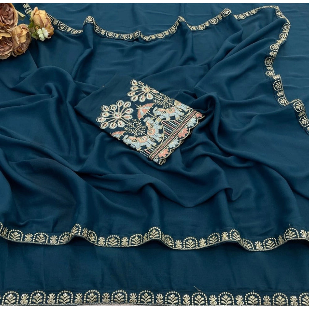 Women's Art Silk Embroidered Saree — Blue