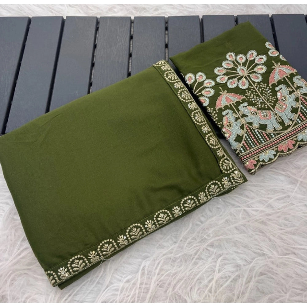 Women's Art Silk Embroidered Saree — Green