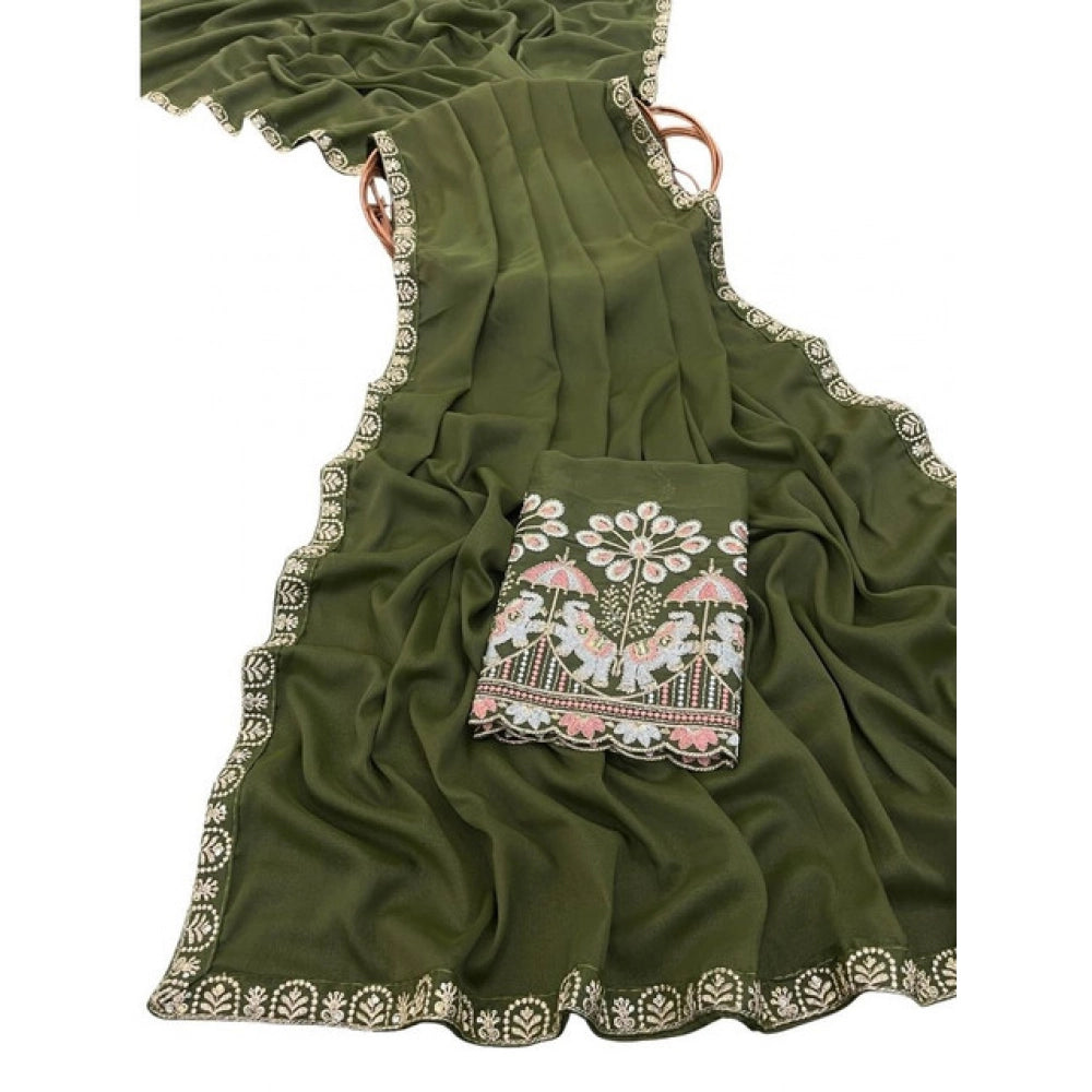 Women's Art Silk Embroidered Saree — Green