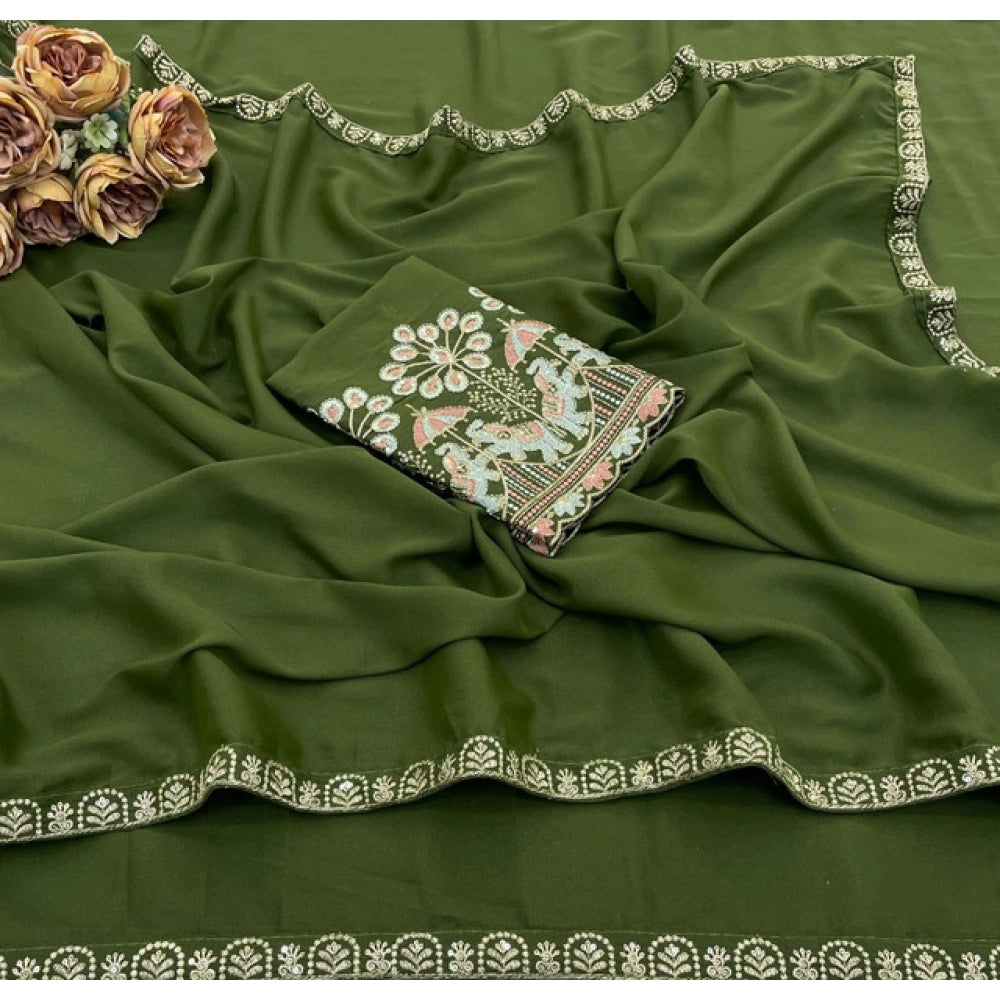 Women's Art Silk Embroidered Saree — Green