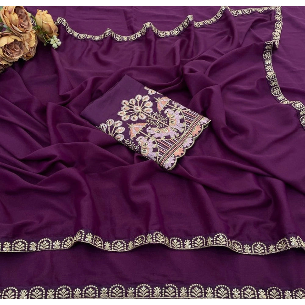 Women's Art Silk Embroidered Saree — Purple