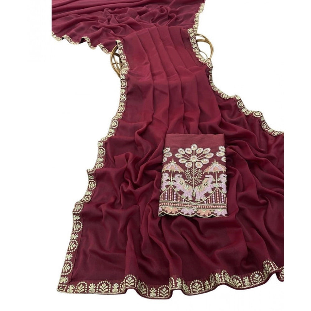 Women's Art Silk Embroidered Saree — Maroon