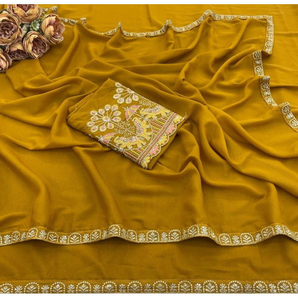 Women's Art Silk Embroidered Saree — Yellow