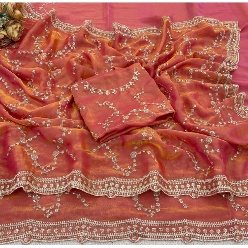 Women's Silk Embellished Saree — Orange
